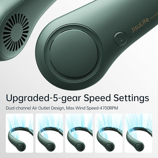 JISULIFE Portable Neck Fan, Hands Free Bladeless Fan, 5 Speeds, 4000 mAh Battery Operated Wearable Personal Fan, Twistable, Rechargeable, Gift for Women Men-Dark Green