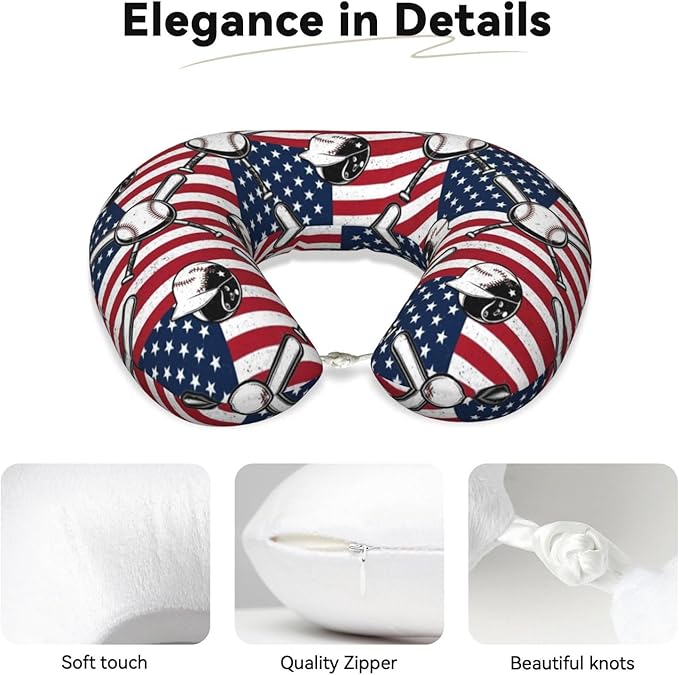 Funny Neck Pillow Support for Car Flight Rest Vintage Baseball American Flag, Memory Foam U Shaped Decor Head Cushion for Home Outdoors Travel
