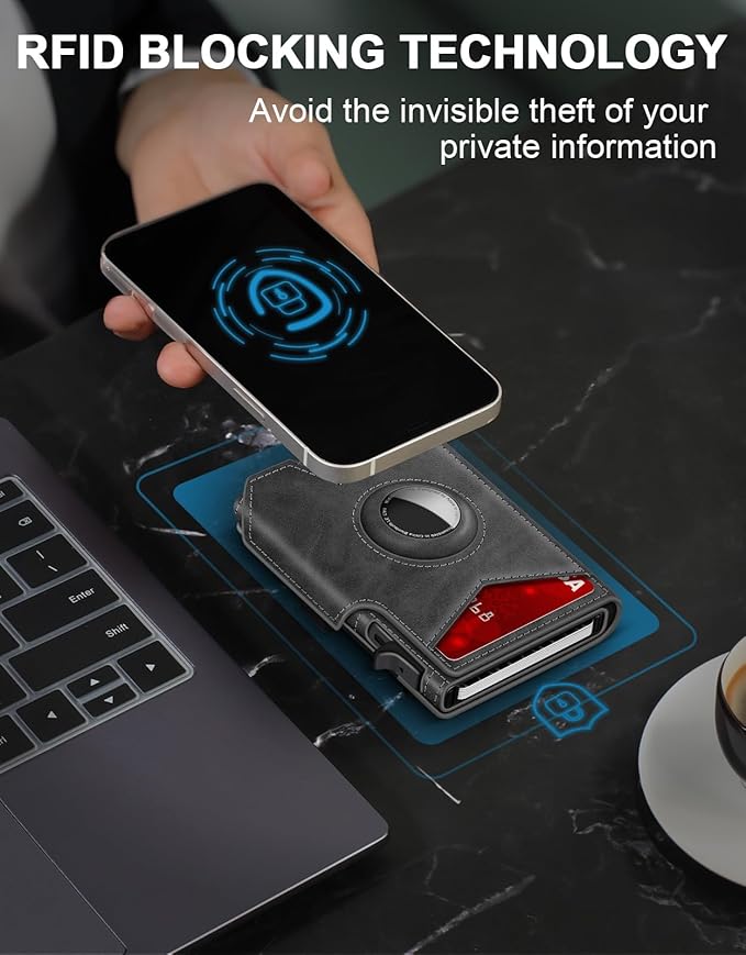 Airtag Wallet for Men, Minimalist Slim Mens Wallet Smart Pop Up Credit Card Holder for 9-13 Cards, RFID Blocking Wallet with ID Window & Cash Slot, Compact Bifold Metal Aluminum Card Case