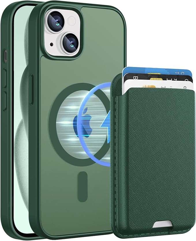 Ntwinro Magnetic for iPhone 14 Plus & iPhone 15 Plus Case (Compatible with MagSafe) with Detachable Wallet & Card Holder for 3 Cards [RFID Blocking] Military Grade Protective Slim Phone Cover, Green