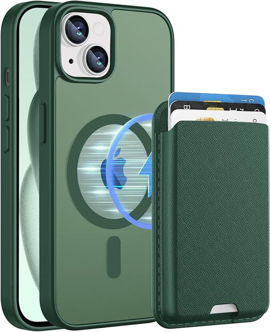Ntwinro Magnetic for iPhone 14 Plus & iPhone 15 Plus Case (Compatible with MagSafe) with Detachable Wallet & Card Holder for 3 Cards [RFID Blocking] Military Grade Protective Slim Phone Cover, Green