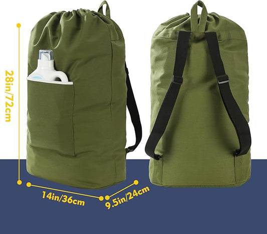 Canvas Laundry bag, Washable Laundry backpack, Adjustable Straps, Large Front Pocket, Drawstring Closure (ARMY GREEN, X-Large)