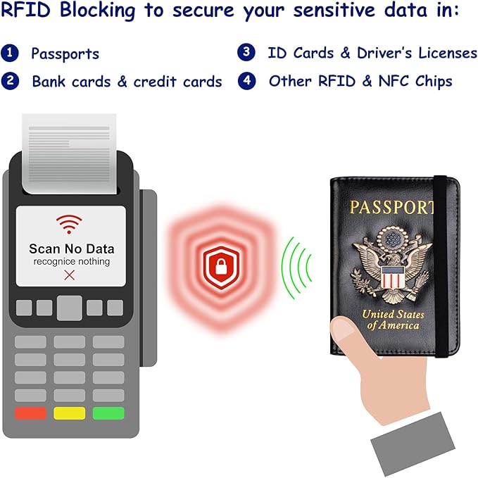 TOURSUIT RFID Blocking Passport Holder for Women Men, Leather Passport Travel Wallet with Metal 3D Metal Badge, Travel Document Holder Cover Accessories (Black)