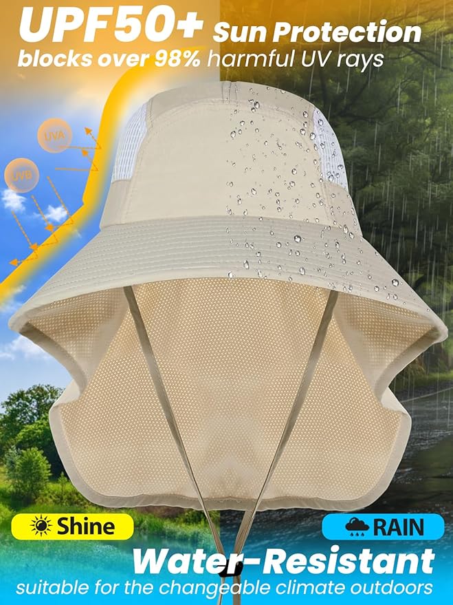 Sun Hats for Women UV Protection with Neck Flap Wide Brim Beach Hats with Ponytail Hole for Hiking Fishing Gardening Travel