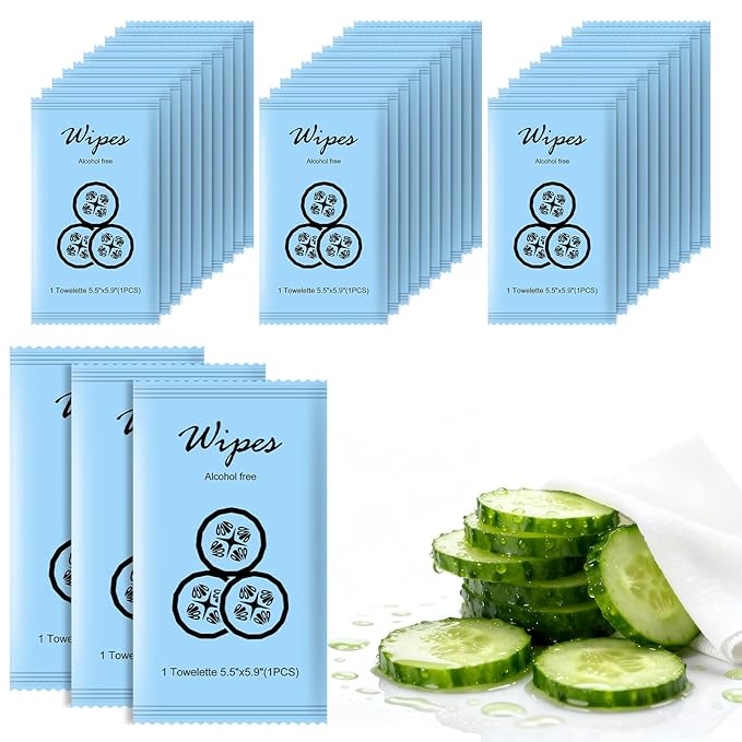 Individual Hand Wipes,Wet Wipes Individually Wrapped Bulk Cleansing Travel Size Wet Wipes for Wedding Travel Restaurant Barbecue(Cucumber,pack of 50)