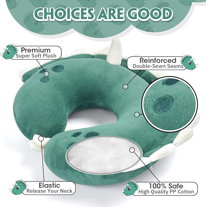 H HOMEWINS Travel Pillow for Kids,Toddler Neck Pillow Cute Animal Neck Head Chin Support Travel Accessories for Airplane, Car, Train,Recline (Triceratops)