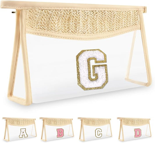 Personalized Initial Letter Bag Boho Straw Clear Makeup Bag,Small Cute Chenille Varsity Letter Bag With Zipper,Beach Travel Toiletry Bag,Portable Monogrammed Cosmetic Bag for Women Girls,G