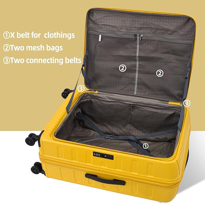 29 Inch Luggage with Expansion & Side Opening Design, 50 * 31(35)*76cm, 117L~133L Ligthweight ABS+PC Hardshell Checked Suitcase, Yellow