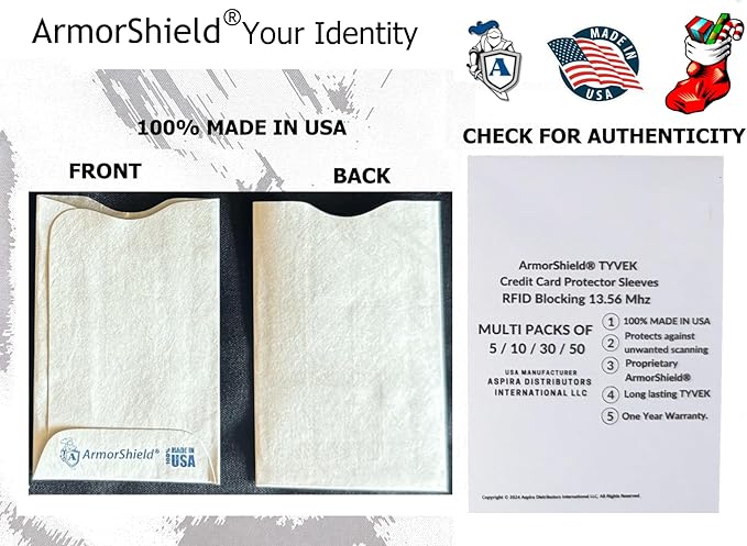 RFID Blocking Sleeves Credit Card Protector 100% MADE IN USA - Anti-theft for Travel wallet, purse. ArmorShield Your Identity (5PAK)
