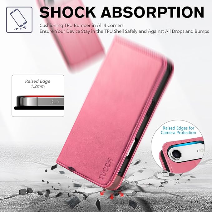 TUCCH Case Wallet for iPhone Air (6.5-Inch) 2025, [3 Card Slots] Kickstand [RFID Blocking] PU Leather Case, Flip Folio Cover with [TPU Shockproof Interior Shell], Hot Pink