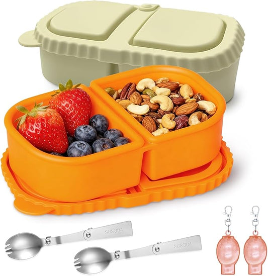 2 Pack Reusable Silicone Snack Containers With Lids, 8.5oz Two Compartment Snack Container, Snack Containers With Lids, Leakproof Snackle Boxes For Travel, Picnics (White, Yello)