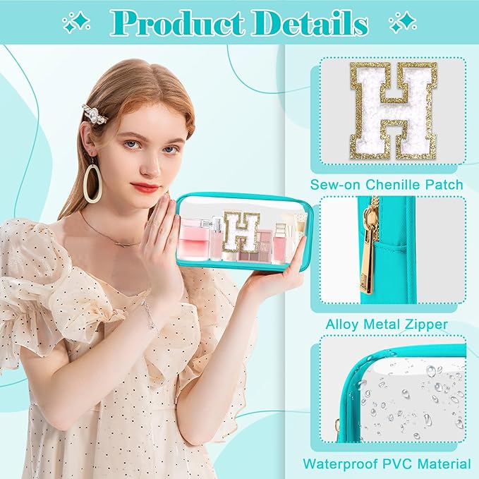 Personalized Initial Letter Clear Makeup Bag,Preppy Small Nylon&PVC Cosmetic Zipper Bag with Chenille Letter,Portable Beach Travel Skincare Toiletry Bag,Trendy Monogram Gift for Teen Girls Women,H