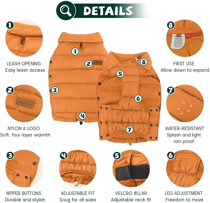 SPACE LION Dog Puffer Jacket, Down Winter Coat, Durable Outdoor Coat for Cold and Windy Conditions, Lightweight & Adjustable Fit Coats for Medium & Large Dogs, (Orange, Size 16 Gift Box)