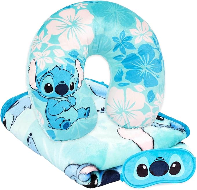 Jay Franco Disney Lilo & Stitch Kids Travel Set - 3 Piece Set Includes 40 x 50 Throw Blanket, Eye Mask, and Neck Pillow - Super Soft & Cozy Travel Accessories