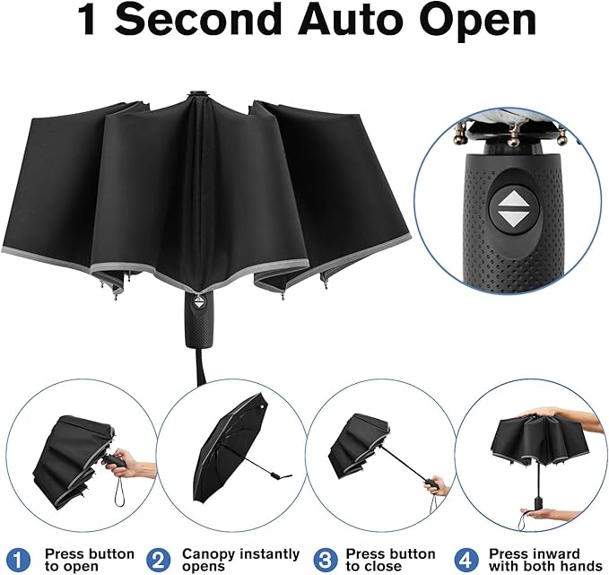 G4Free 42 Inch Eco Windproof Folding Umbrella for Rain & Sun 9 Ribs Wind Resistant Strong Fiberglass Double Canopy with Reflective Strip for Women Men Auto Open Close For Car & Backpack