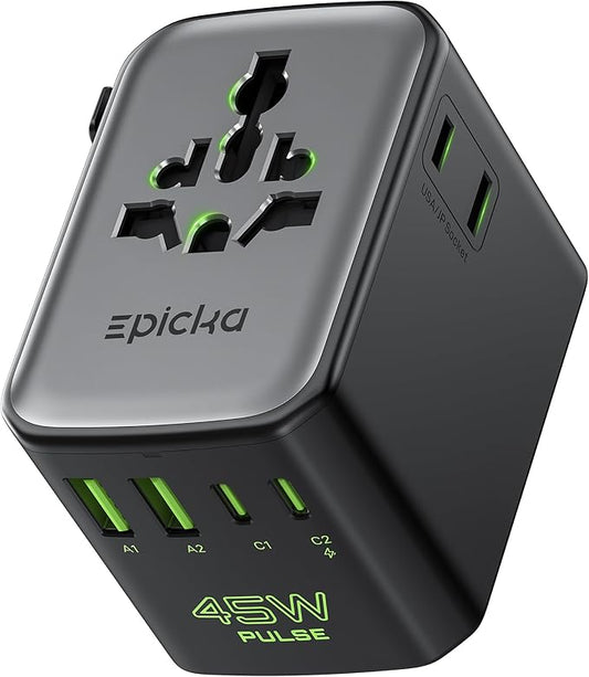 Epicka Pulse Duo 45W International Power Adapter, Universal Travel Adapter with 6-Port (2 AC/2 USB-A/2 USB-C), European Travel Plug Adapter with PD & QC 3.0 Fast Charging, Travel Essentials (Black)