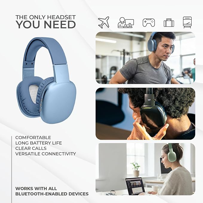iJoy Ultra Wireless Over-Ear Bluetooth Headphones with Mic, Up to 10 Hours Playtime, Bluetooth Headset 33Ft Range with Backup AUX Cable & SD Slot, Wireless Headphones for Gaming, Work & Gym (Blue)
