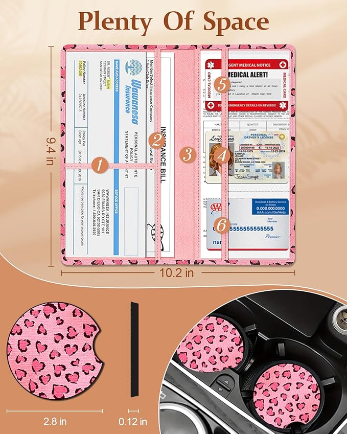 Slohif Car Registration and Insurance Card Holder - Leopard Vehicle Glove Box Organizer Women with Magnetic Shut Leather Automobile License Holders Coasters Auto Accessories Case for Document