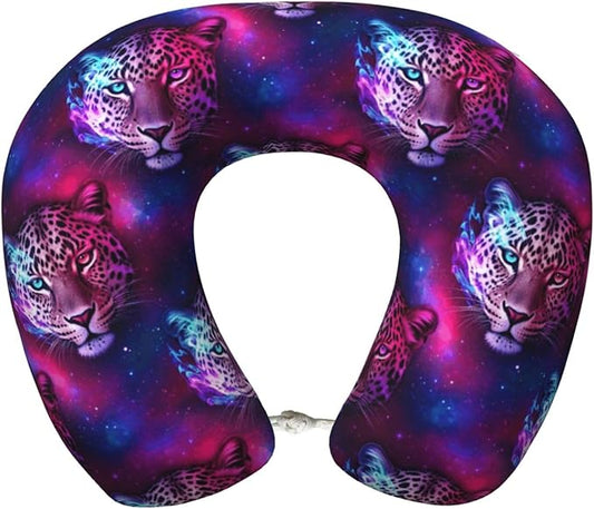 Comfortable Memory Foam Travel Neck Pillow, Funny Chin/Head Cushion Supporting Airplane Car Pillows Purple Leopard for Sleeping Outdoors Travel Office