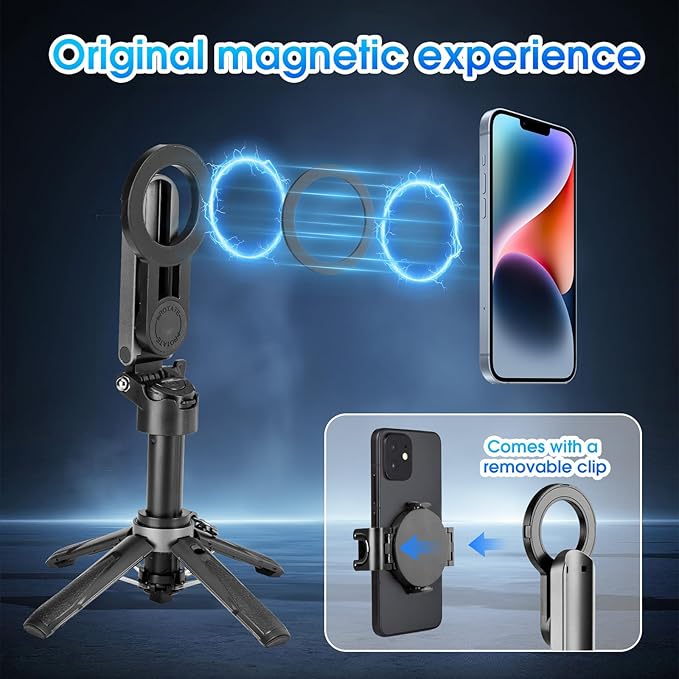 Magnetic Tripod for Phone,2 in 1 for Magsafe Stand＆ Clip Portable Pocket Size Selfie Stick for Android/iPhone,Phone Holder with Wireless Rechargeable Remote Control for Photography, Live Streaming