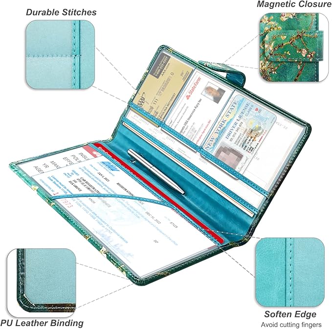 RSAquar Car Registration and Insurance Holder, Vehicle Glove Box Organizer Cool Car Accessories, Car Document Holder for Cards and Driver License, Almond Blossom