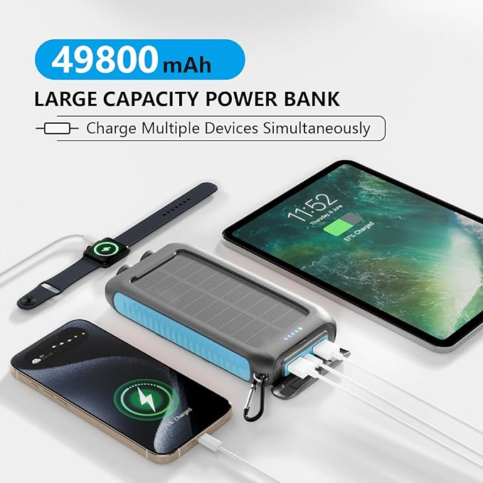 Solar Charger Power Bank 49800mAh Portable 15W Fast Charging Power Bank with QC3.0 USB-C & Dual USB-A Ports for Cell Phones, LED Flashlight, Carabiner, Waterproof Solar Panel for Camping, Outdoor