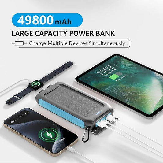Solar Charger Power Bank 49800mAh Portable 15W Fast Charging Power Bank with QC3.0 USB-C & Dual USB-A Ports for Cell Phones, LED Flashlight, Carabiner, Waterproof Solar Panel for Camping, Outdoor