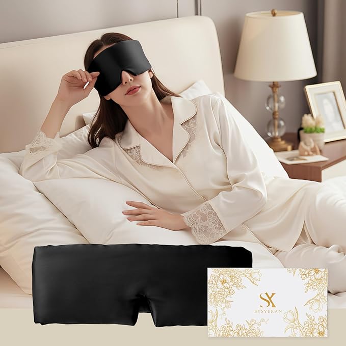 100% Mulberry Silk Sleep Mask, Eye Mask for Deep Sleep and Travel, Soft Breathable Eye Cover with Adjustable Headband (Black)