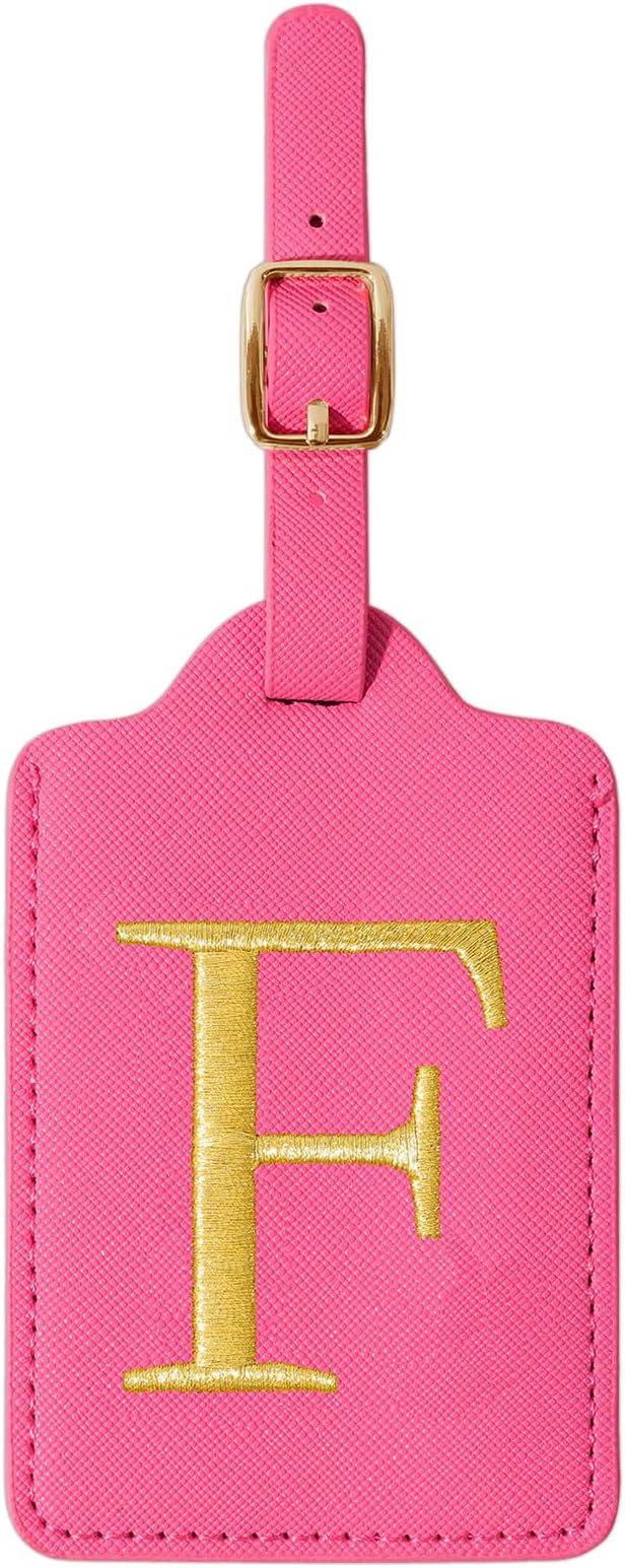 Personalized Initial Luggage Tags for Suitcase - Rose Red Leather With Privacy Cover Name Card, Embroidered Custom Monogram Travel Backpack Tag Gifts for Women Kids (F)