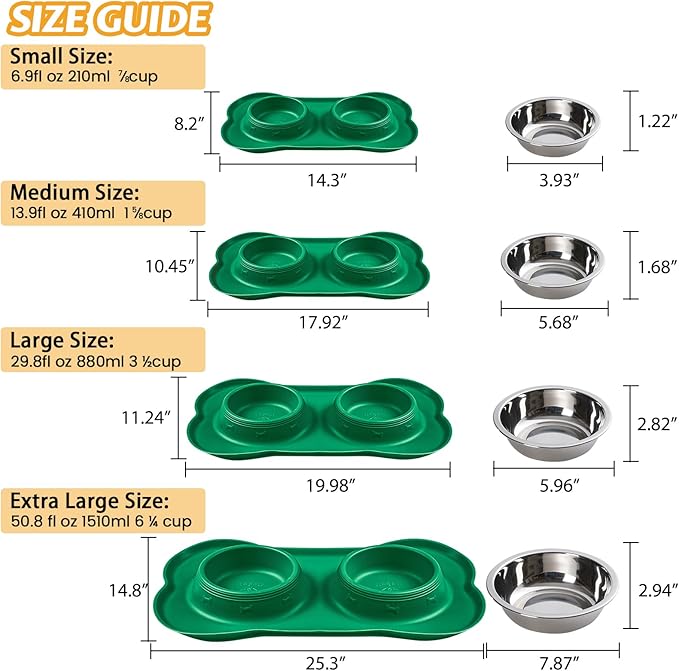 Hubulk Pet Dog Bowls 2 Stainless Steel Dog Bowl with No Spill Non-Skid Silicone Mat + Pet Food Scoop Water and Food Feeder Bowls for Feeding Small Medium Large Dogs Cats Puppies (Medium, Hunter Green)
