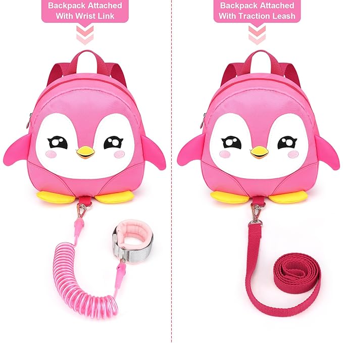 Accmor Toddler Harness Backpack Leash, Cute Penguin Kid Backpacks with Anti Lost Wrist Link, Mini Child Backpack Harness Leashes Walking Wristband Rope Travel Bag Harness Rein for Baby Girls (Pink)