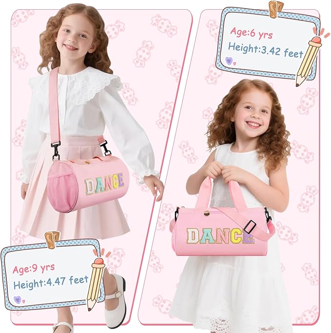 Dance Ballet Bag for Girls, Personalized Sport Gym Workout Toddler Duffel Bag Small Cheer Dance Bags,Cute Chenille Letter Waterproof kids Travel Duffel Bags Gifts for Teens Girl Dancers Athletes(Pink)