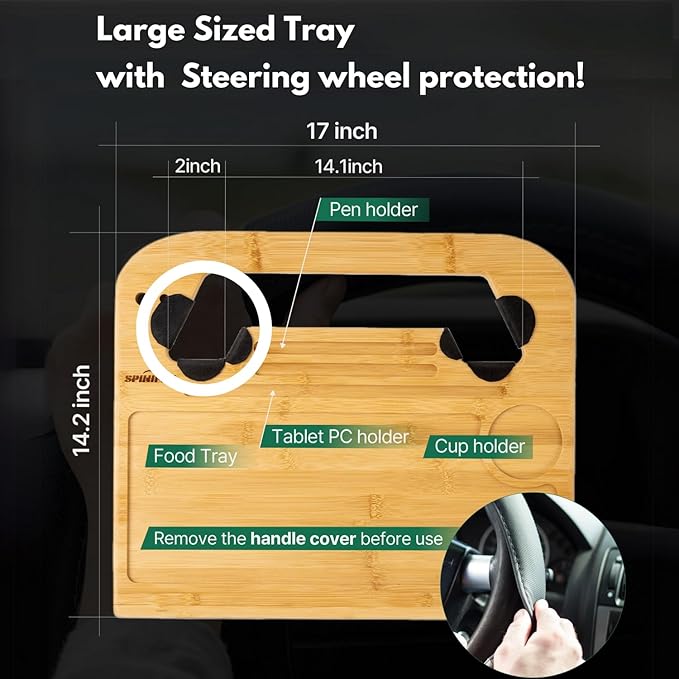 SPINIFLY 2 in 1 Steering Wheel Tray – Car Tray & Food Table – Car Essentials Double Sided Bamboo Car Desk for Laptop, Eating & Reading – Fits up to 17" Laptop