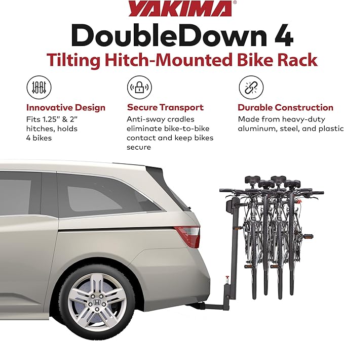 Yakima DoubleDown 4 Hitch Mount Bike Rack, 4-Bike Carrier for Car, SUV & Truck - Fits 2” & 1.25” Receivers, Tilting Rear-Mounted Bicycle Holder with Anti-Sway Cradles & Folding Arms