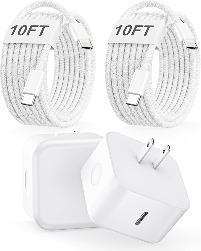 USB C Charger Block, 40W Dynamic Wall Charger with 60W Max, 2Pack Foldable Fast Type C Plug with 10FT Long USB C Charging Cable for iPhone 17 Pro Max/17 Pro/17/16/16 Pro Max/15 Pro Max/15,iPad Pro/Air