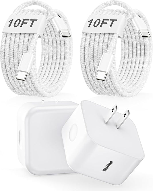 USB C Charger Block, 40W Dynamic Wall Charger with 60W Max, 2Pack Foldable Fast Type C Plug with 10FT Long USB C Charging Cable for iPhone 17 Pro Max/17 Pro/17/16/16 Pro Max/15 Pro Max/15,iPad Pro/Air