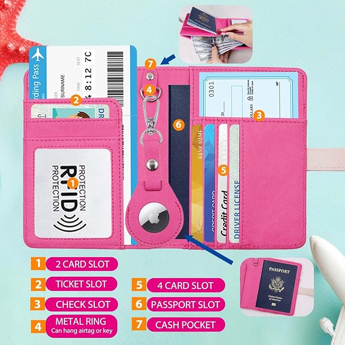 Passport Holder with Airtag for Women/Men,Airtag Passport Wallet for Travel,Cute Passport Holder Rfid Blocking,Travel Wallet for Cards Passport Cover Case (Rose)
