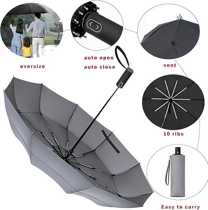MRTLLOA 49/54/62 Inch Large Folding Golf Umbrella, Oversize Double Canopy Vented 10 Ribs Windproof Compact Travel Umbrellas for Rain