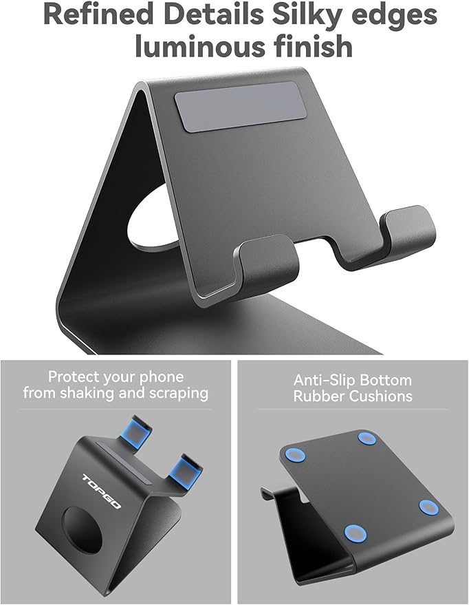 TOPGO Cell Phone Stand for Desk, Device Holder, Cradle, Holder, Metal Phone Stand with Cable Collective for Office Desk, Bedside Table Compatible with iPhone 16 15 Pro Max and All Smart Phones - Black