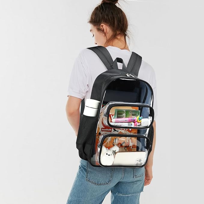 CAMTOP Clear Backpack Heavy Duty Transparent Bag See Through BookBag for Student School Work Festival Sport Travel (Black Cloth)