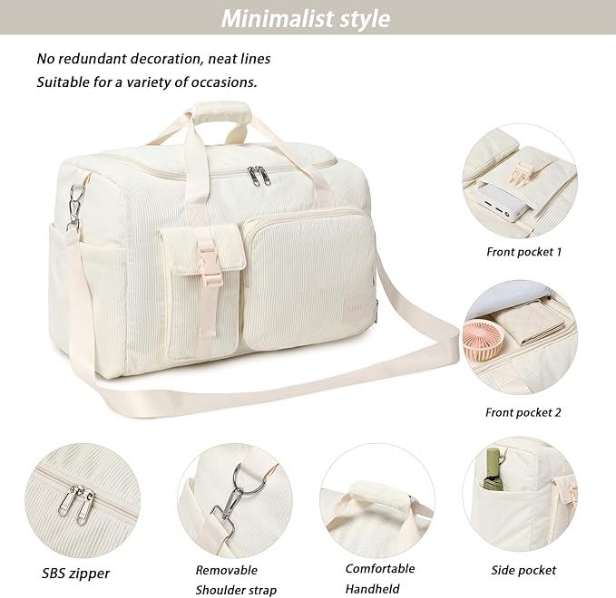 Girls Duffle Bag Woman Corduroy Travel Bag Kids Sports Duffel Bags With Shoe Compartment Wet Pocket (Beige)