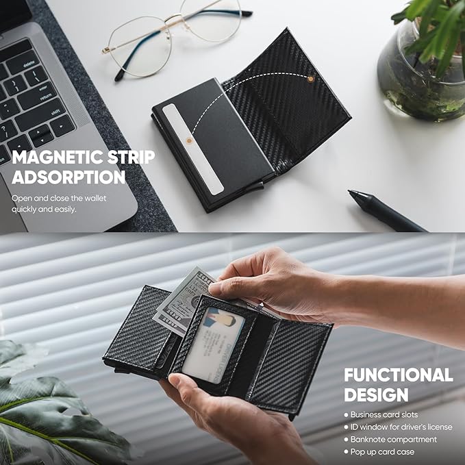 VULKIT Pop up Wallet Minimalist Cash Wallets RFID Blocking Leather Smart Credit Card Holder with Magnetic Closure for Men