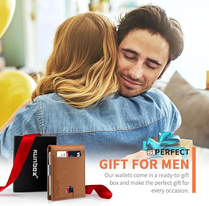 RUNBOX Slim Wallets for Men - Leather Money Clip Mens Wallet - RFID Blocking Front Pocket Bifold Wallet - Thin Credit Card Holder with Gift Box