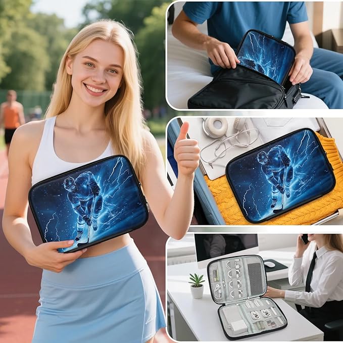 Ice Hockey Travel Cable Organizer Pouch Lightning Electronics Accessories Carry Case Portable Water Resistant Storage Bag for Cord Charger Phone Earphone SD Card