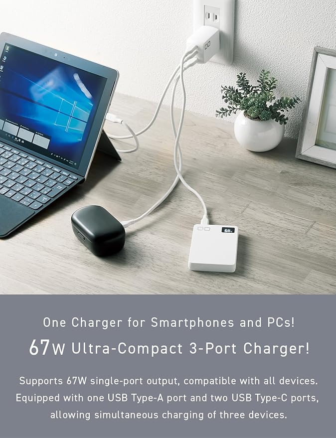 CIO 65W USB C Charger Block, Max 67W GaN Fast Charging Brick w/Dual Type-C Ports & Type-A, USBC Charger, Wall Adapter for Laptop/Phone/Tablet, Multi Travel Power Brick, NovaPort Trio II 2C1A (White)