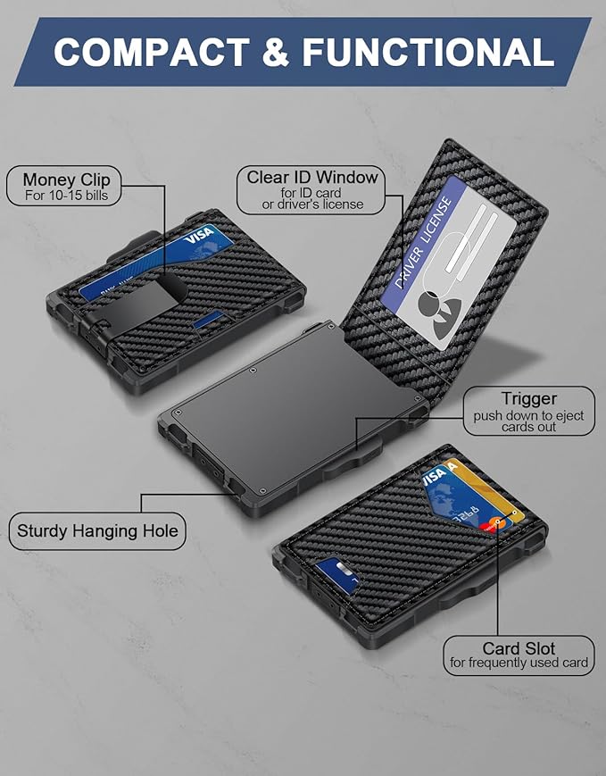 Wallet for Men, Minimalist Slim Mens Wallet with Money Clip, RFID Blocking Smart Pop Up Card Wallet with ID Window, Compact Bifold Wallet, Metal Aluminum Credit Card Holder