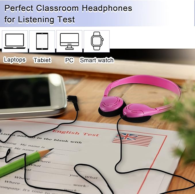 Yunsailing 30 Pack Bulk Over Ear Headphones Set On Ear Headsets Earphones with Adjustable Headband and 3.5mm Plug for Group Learning, Computer Lab, Library, Online Lesson and Testing (Classic Color)