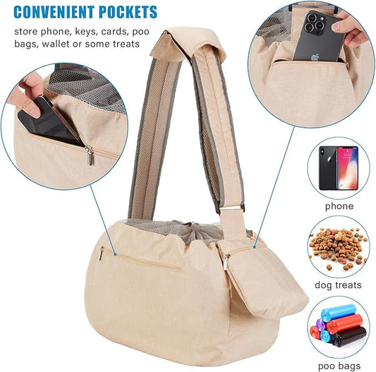 Ownpets Pet Sling Carrier, Fits 15 to 25lbs Extra-Large Dog/Cat Sling Carrier Reversible and Hands-Free Dog Bag with Adjustable Strap and Pocket Shoulder Pad, Beige