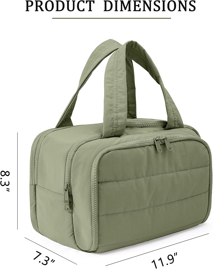 Travel Toiletry Bag for Women, Large Wide-open Puffy Cosmetic Makeup Bag with Wet-Dry Separation, Multi-Pocket Organizer with Carry Handle for Toiletries, Cosmetics, Essentials, Green