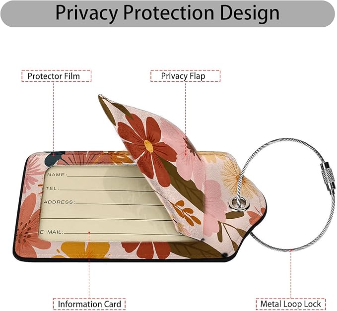 Creative Vintage Floral 3 Pack Luggage Tags, PU Leather Luggage Tags for Suitcase,Name ID Labels with Privacy Cover Suitcases and Metal Loop for Travel Bag Suitcase